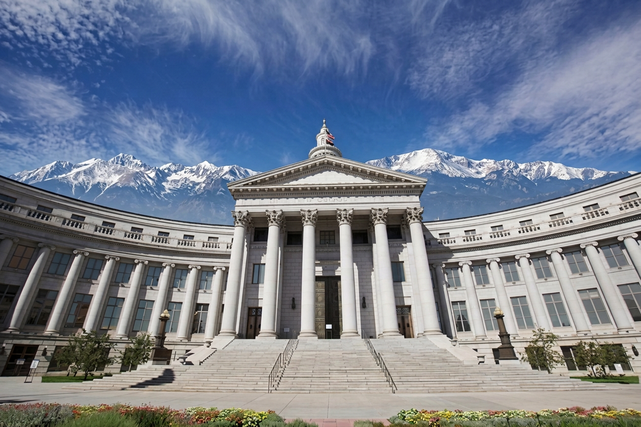 Colorado state courthouse with the Rocky Mountains in the background.